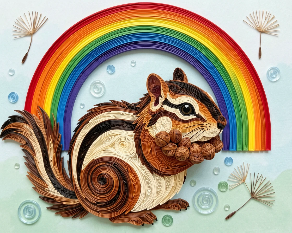 a chipmunk with cheeks bulging full of nuts under a rainbow after a gentle spring shower, accented with a few floating dandelion seeds, shown from a gentle overhead perspective.