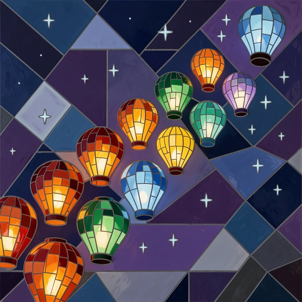 A colorful array of paper lanterns released into a starry night sky.