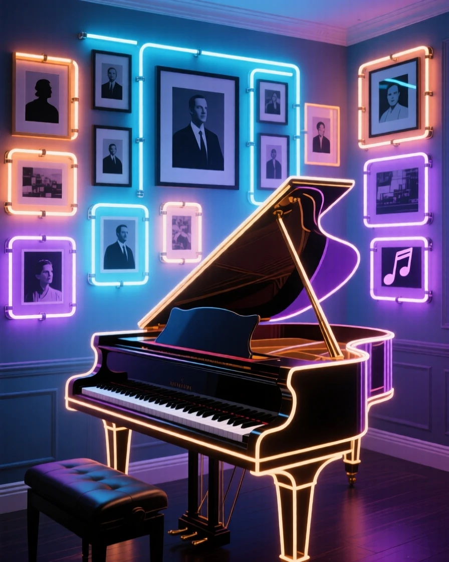 A music room with a grand piano beneath a wall of framed photographs.