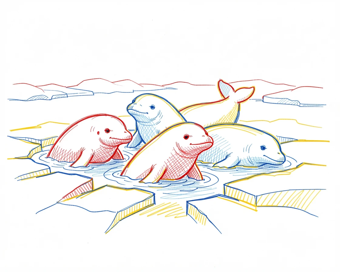 A pod of belugas surfacing together through cracks in Arctic ice