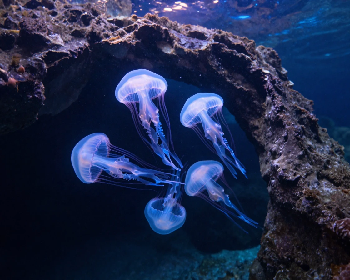 A cluster of glowing jellyfish exploring near the entrance to a hidden sea cave