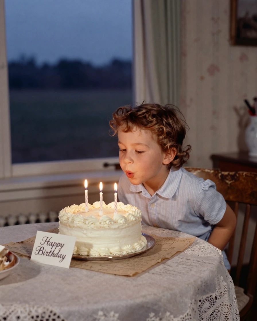 A child blowing out candles on a homemade birthday cake, in cool blue twilight, as heat shimmers over the ground, during the long days of summer, with a soft sepia-tinted glow, viewed from across the room.