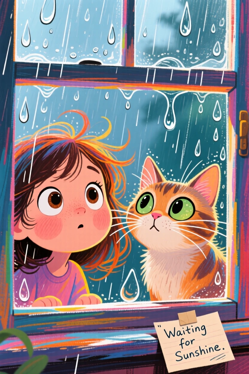 A little girl and her cat both peering curiously out a rain-streaked window.