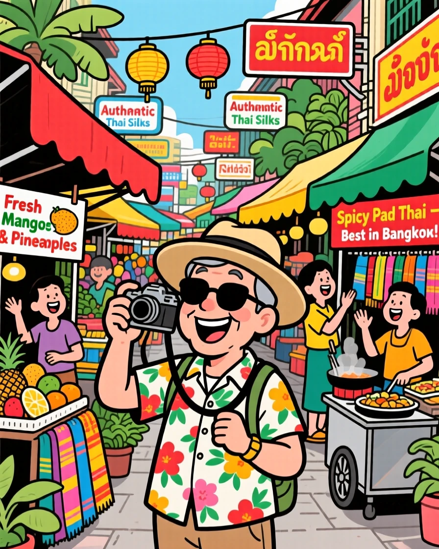 An iconic travel scene featuring a delighted tourist exploring a vibrant street market in Bangkok, as street vendors call out cheerfully nearby.