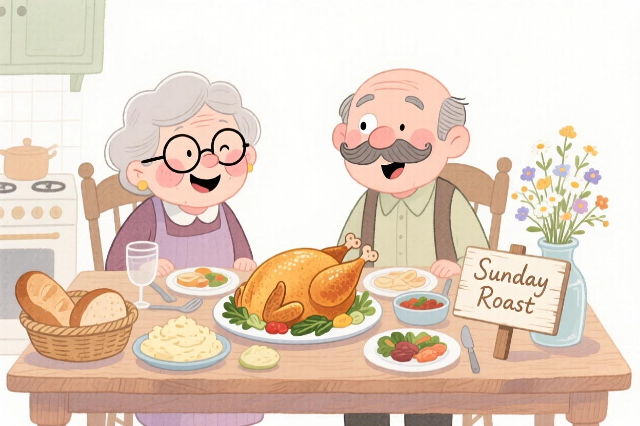 A cozy, appetizing, soft and dreamy scene of a farmhouse kitchen table set for a Sunday roast dinner