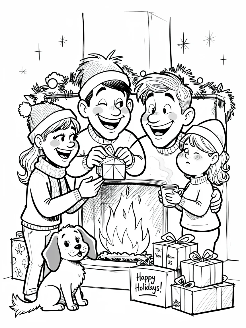 [Seasonal Holidays & Celebrations] Festive scene of a cozy office holiday party wrapping presents by the fireplace, full of celebration and joy