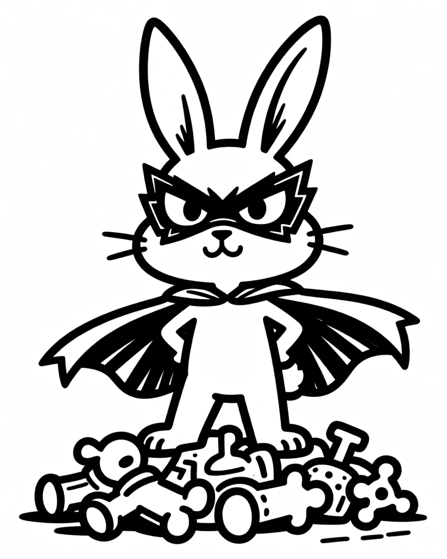 A bunny rabbit wearing a tiny cape and mask, guarding a pile of toys heroically.