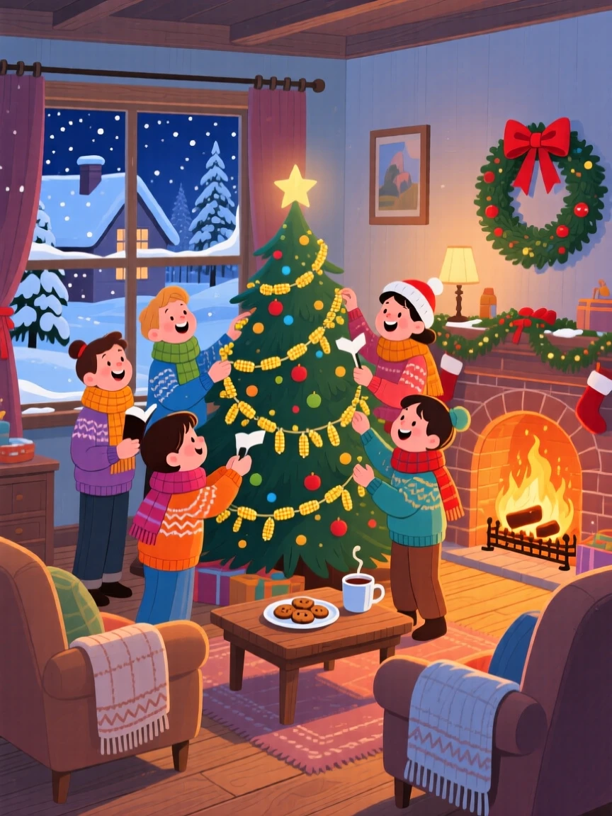 Carolers bundled in scarves spend the evening stringing popcorn garlands for the holiday tree in a cozy living room by the fire, with fresh snow blanketing the rooftops.