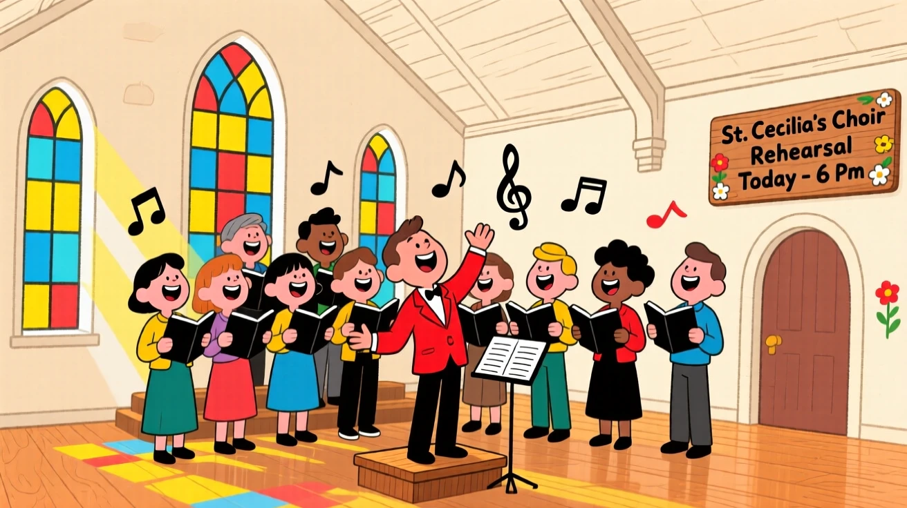 A choir rehearsing together in a light-filled chapel.