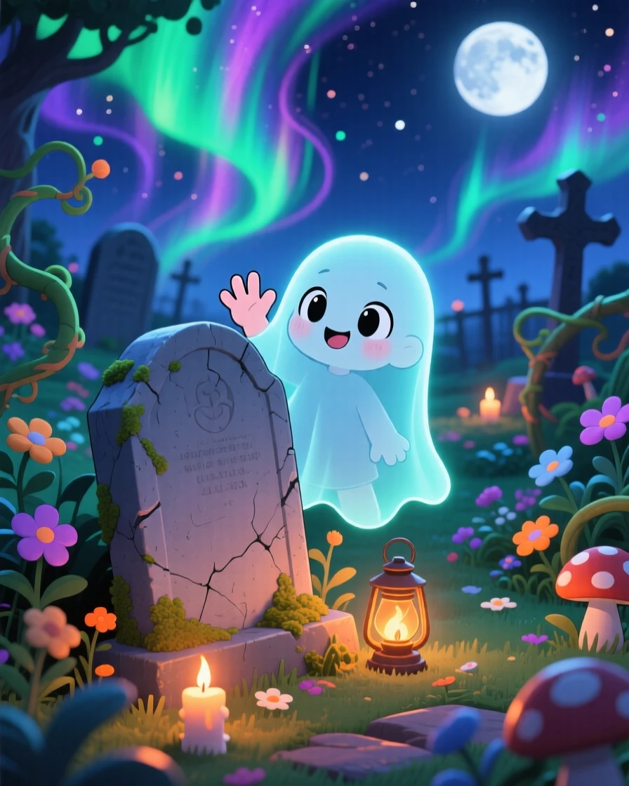 In a whimsical moonlit graveyard garden, a shy ghost child is waving hello from behind a tombstone beneath swirling aurora-lit skies, bathed in cozy firelight, expression full of curious excitement. Shot as a three-quarter view.