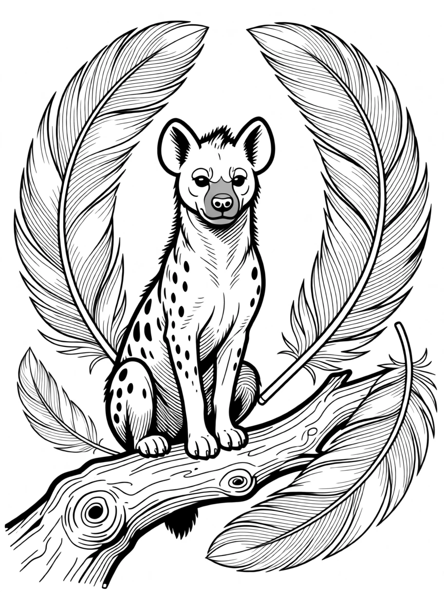 A hyena sitting on a weathered tree branch, with dramatic feather detail catching the wind.
