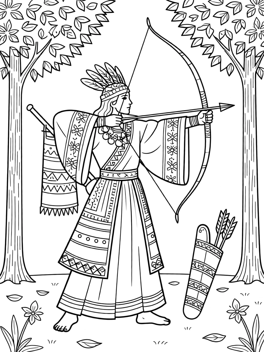 A traditional archer drawing a bow in ceremonial dress.