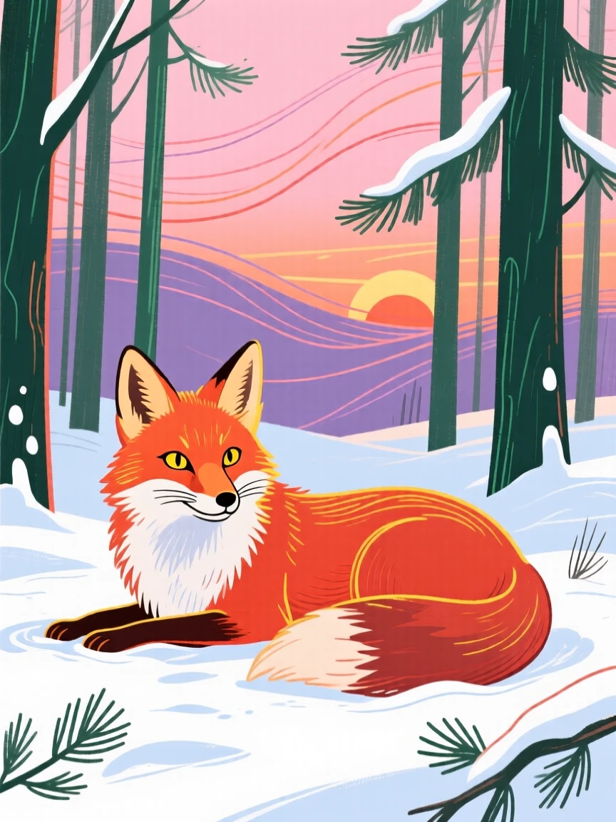A curious fox resting in a snowy pine forest at sunset.