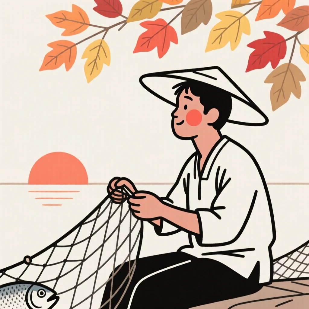 A fisherman of filipino heritage mending nets at sunrise, looking hopeful toward the horizon, under a canopy of autumn leaves.