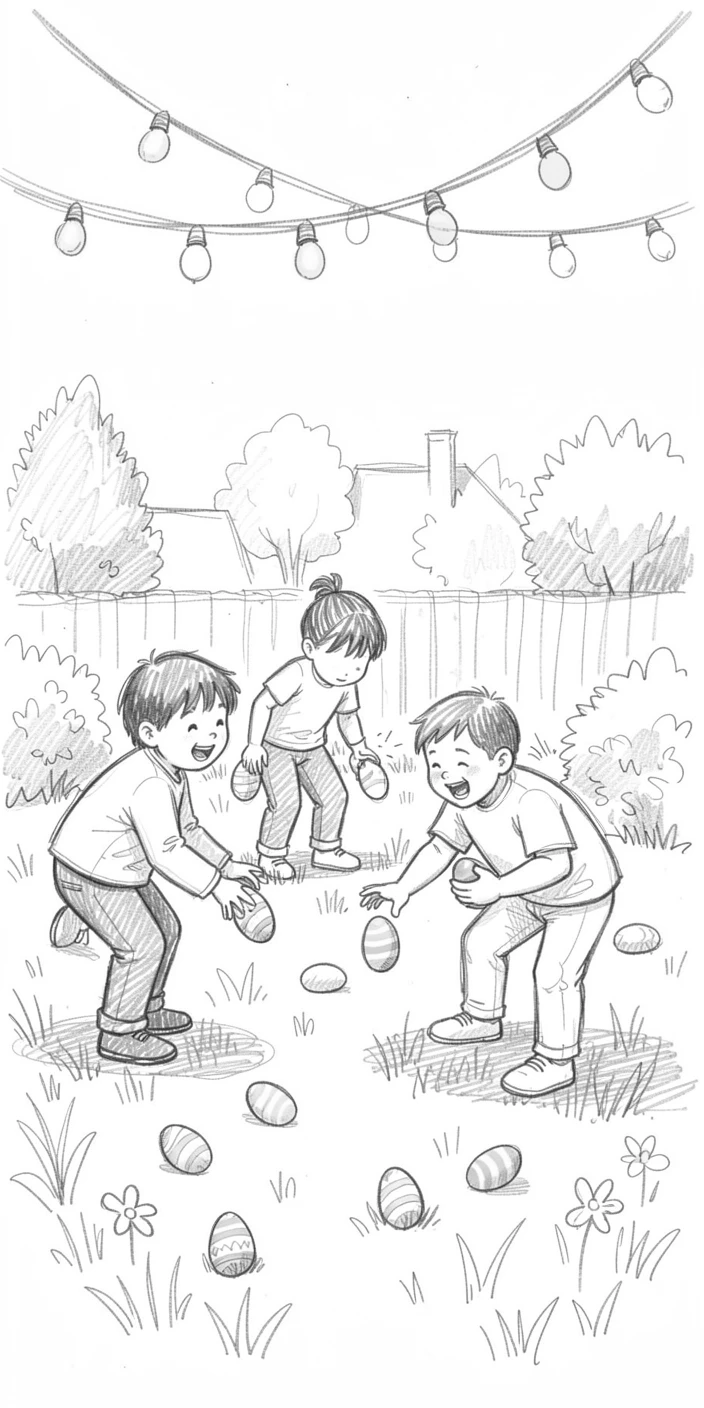 Children hunting for Easter eggs in a sunny garden, beneath strings of festive lights, with laughter and joy filling the scene.