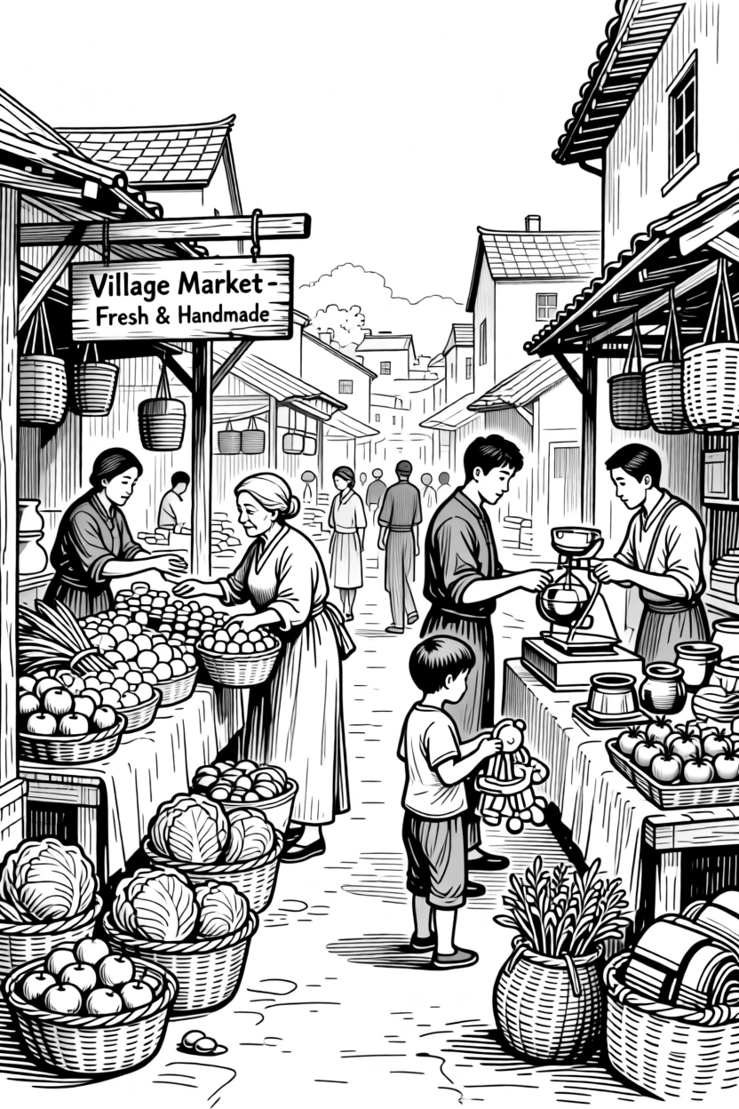 A traditional village market bustling with fresh produce and handmade goods.