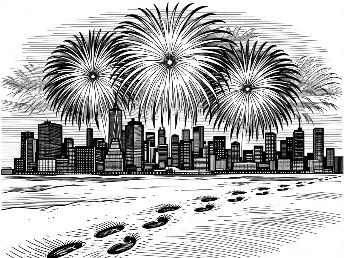 A new year's fireworks display over a city skyline as morning frost coats the ground, with footprints trailing through fresh snow, capturing a cheerfully celebratory seasonal moment.