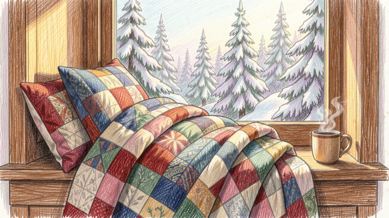 A window seat piled with quilts overlooking a snowy pine forest, bathed in the warm glow of golden-hour light, celebrating a moment people would love to revisit.