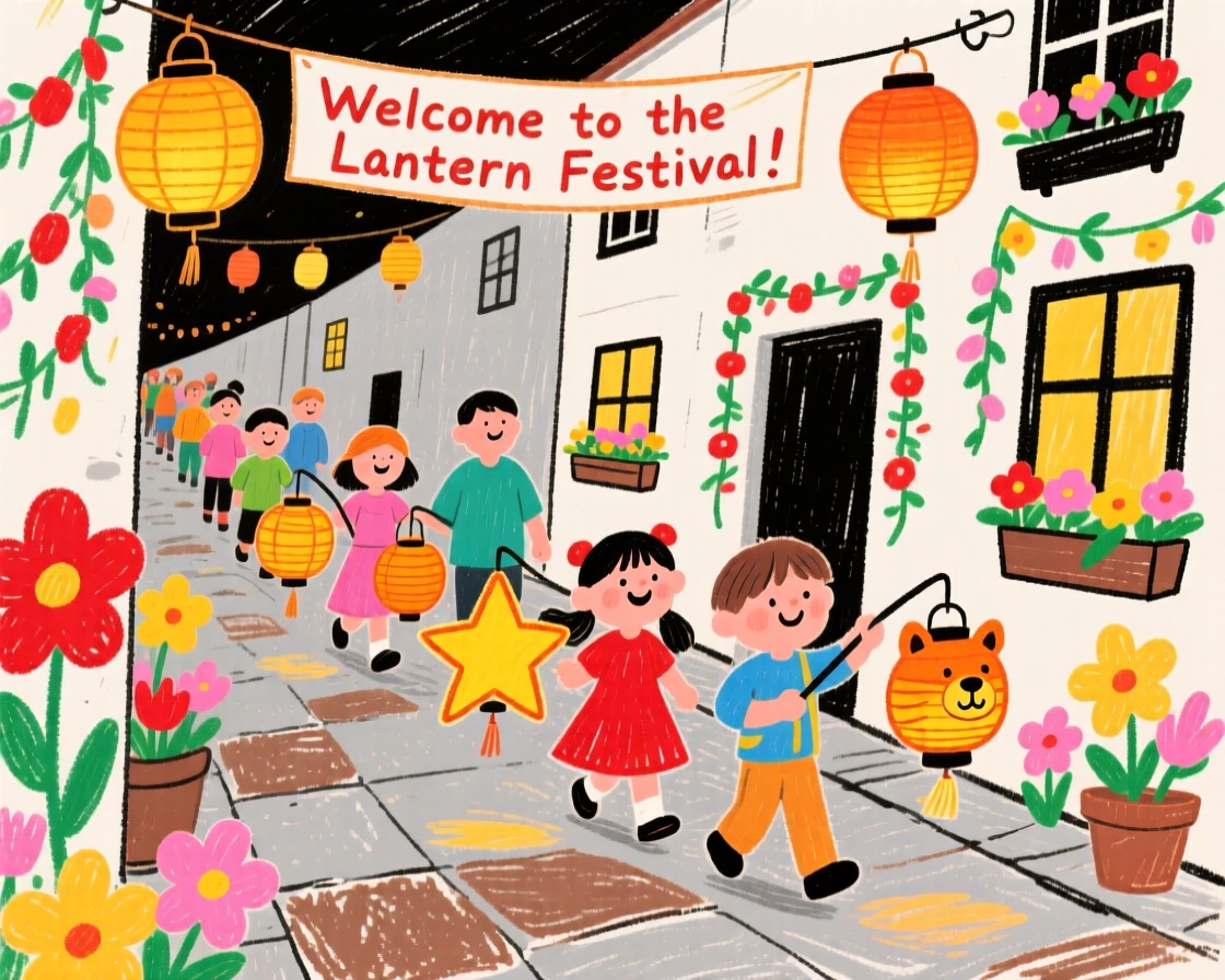 A lantern festival procession walking through a flower decorated street.