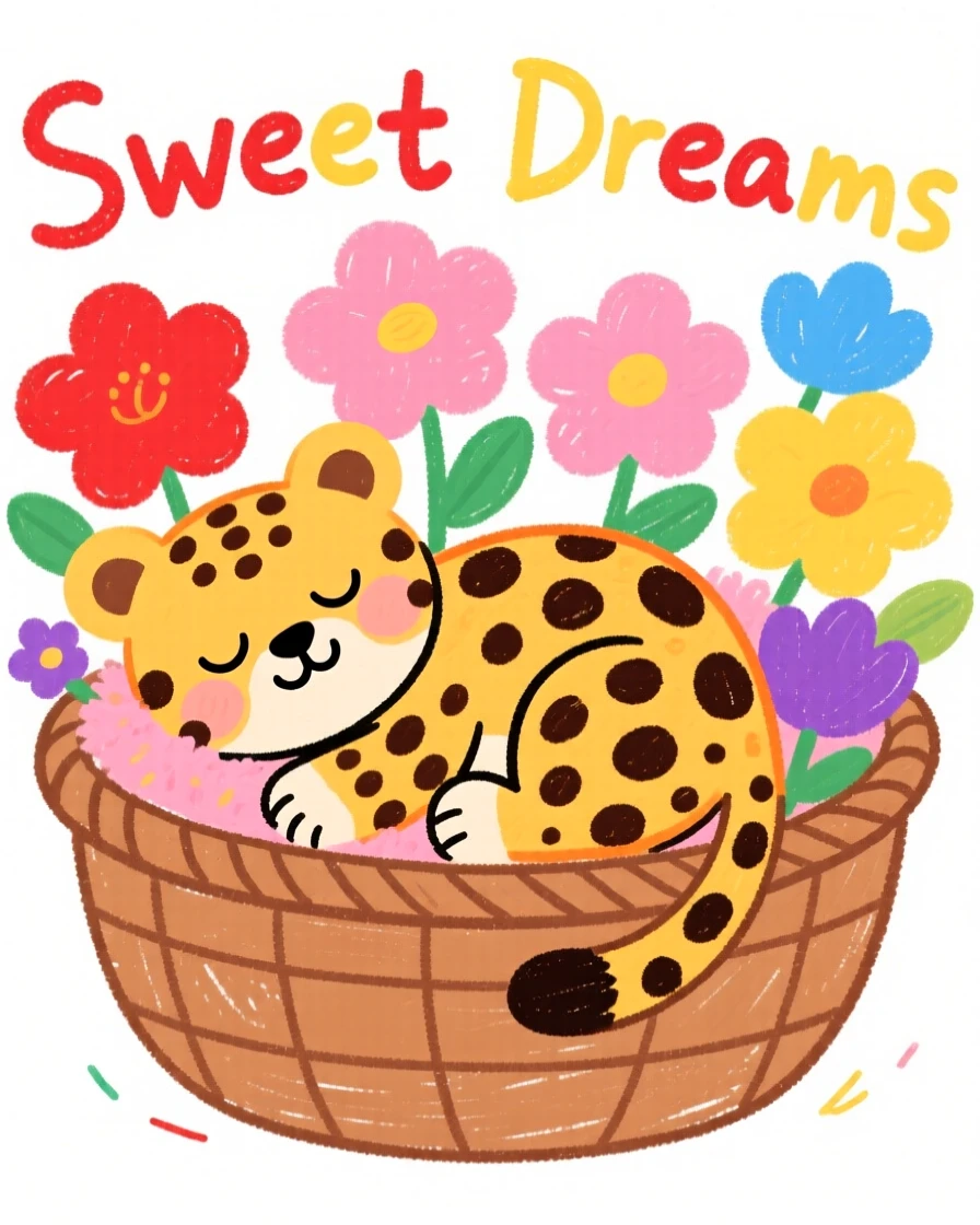 A spotted baby leopard napping in a basket of soft flowers.