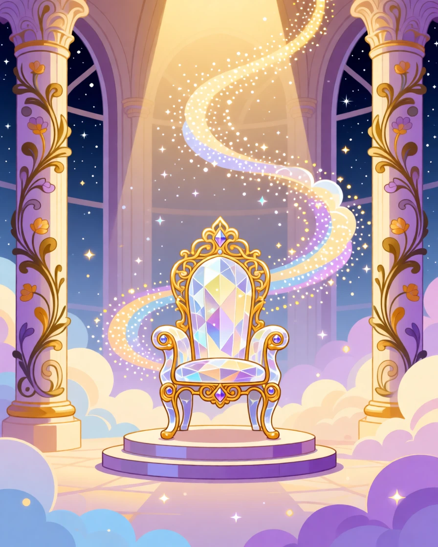 A fairy queen's throne room glowing with soft golden light, surrounded by swirling clouds of shimmering stardust, composed with a dreamlike, ethereal atmosphere, with subtle magical particles drifting through the air.