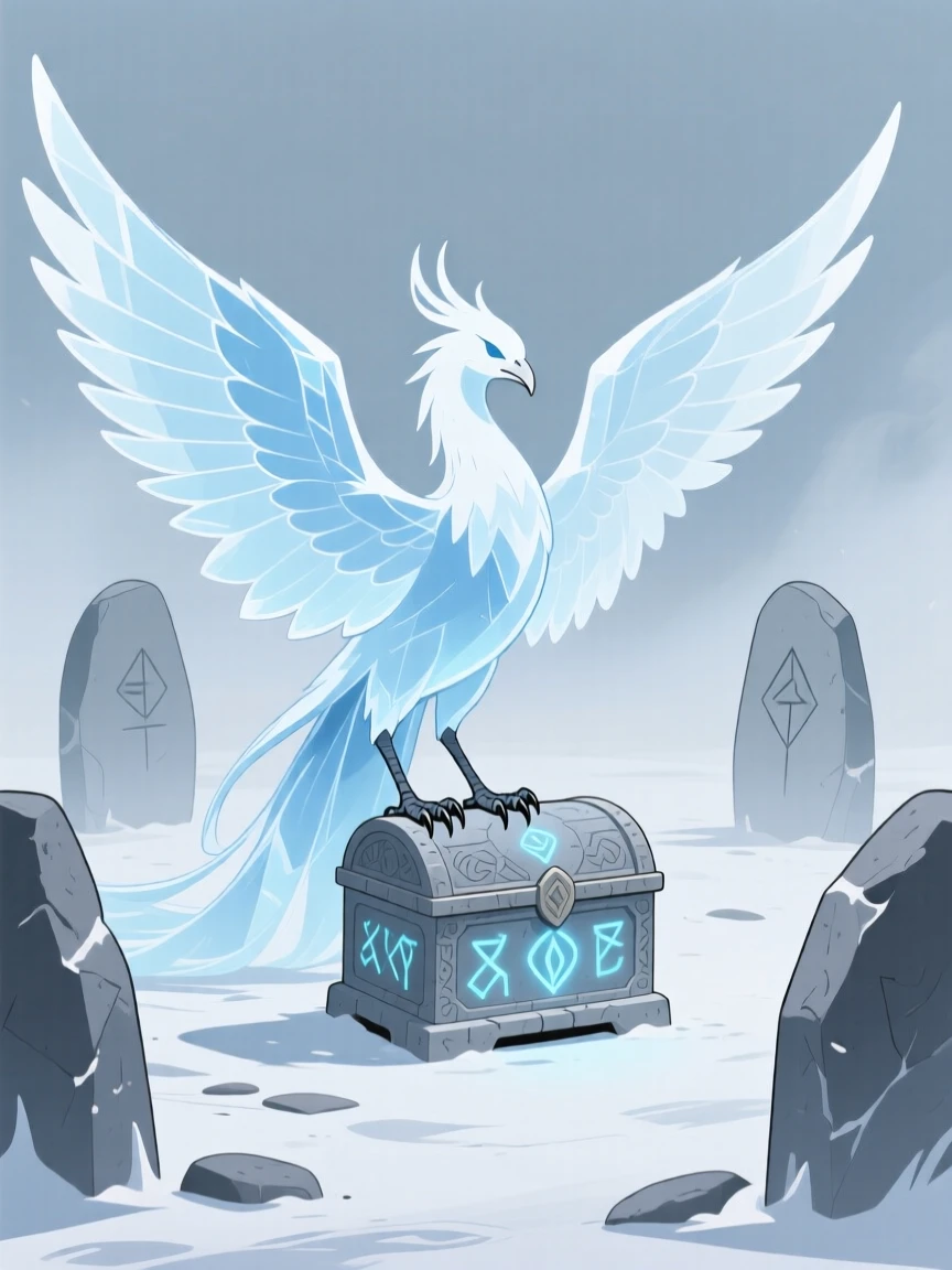 An ice phoenix guarding an ancient relic near an ancient stone circle.