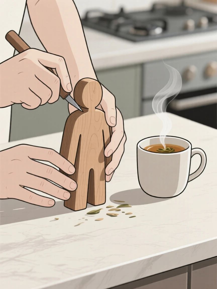 A close view of hands carving a wooden figure near a cup of herbal tea in a kitchen table, full of quiet satisfaction.