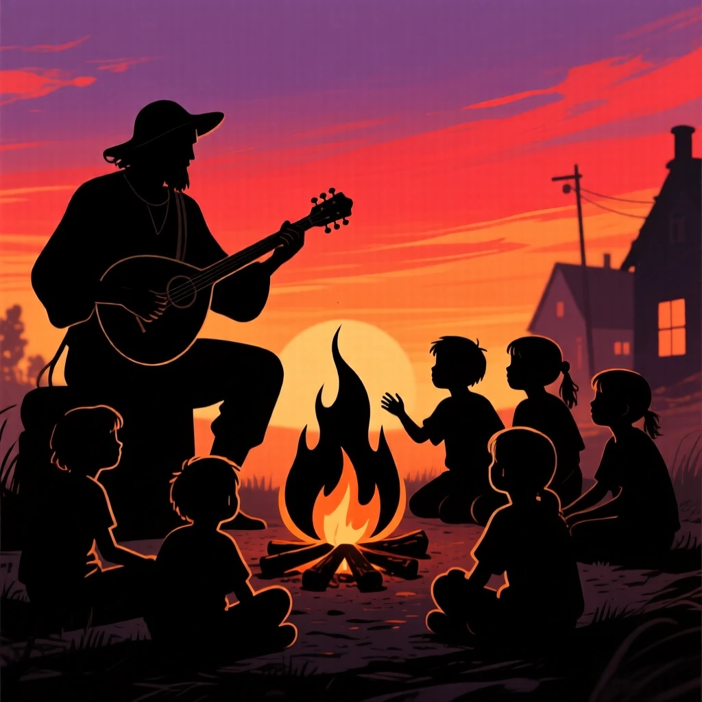 A wandering bard telling stories to children beside a village fire.