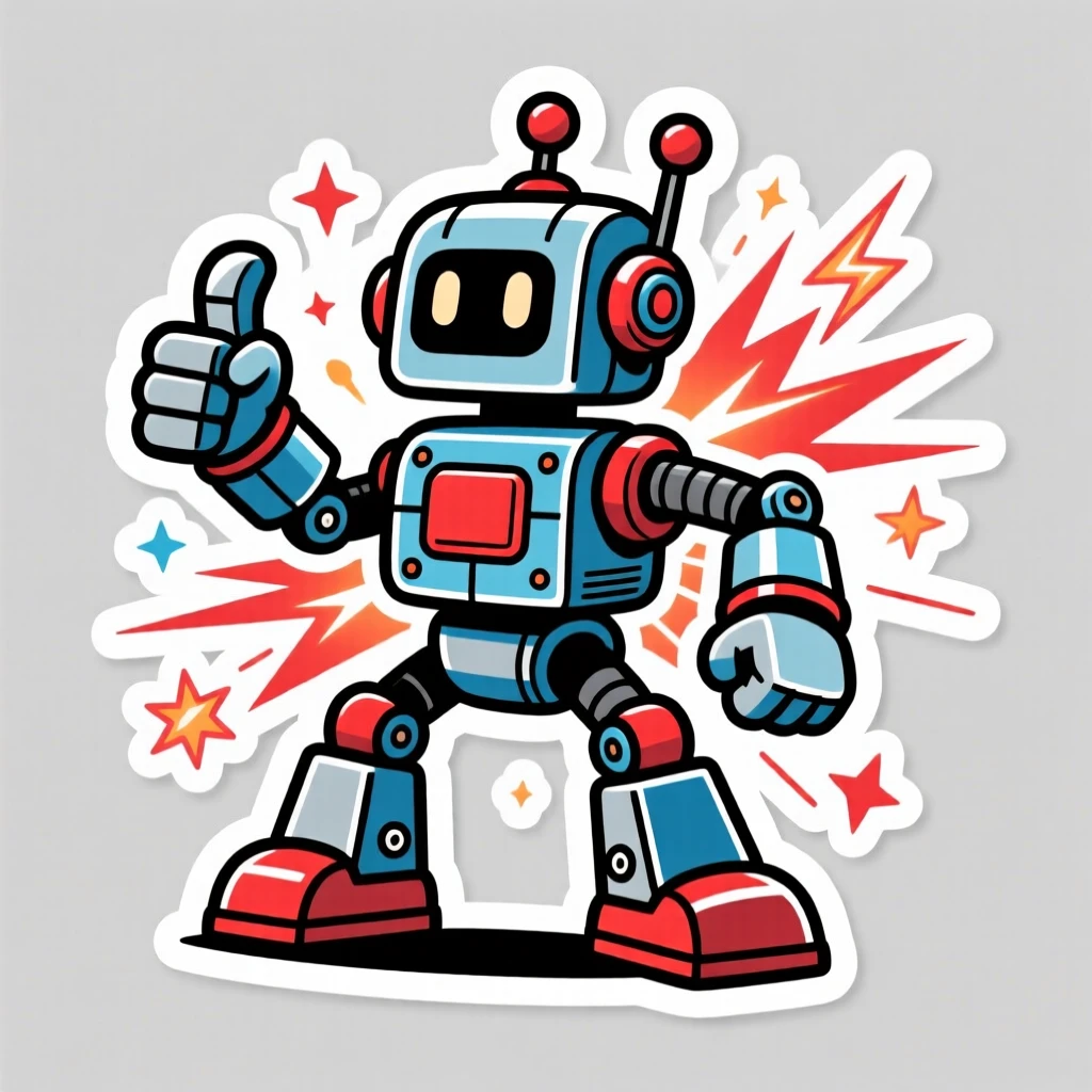 An action-packed retro robot mascot giving a thumbs up, surrounded by glowing special effects, in a scene bursting with energy and color.