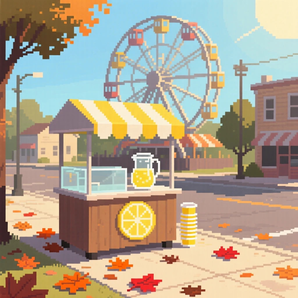 A lemonade stand on a sunny sidewalk surrounded by fallen leaves on a quiet street, at a small-town fair with a ferris wheel.