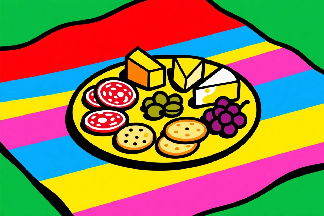 Picnic blanket spread with a charcuterie board