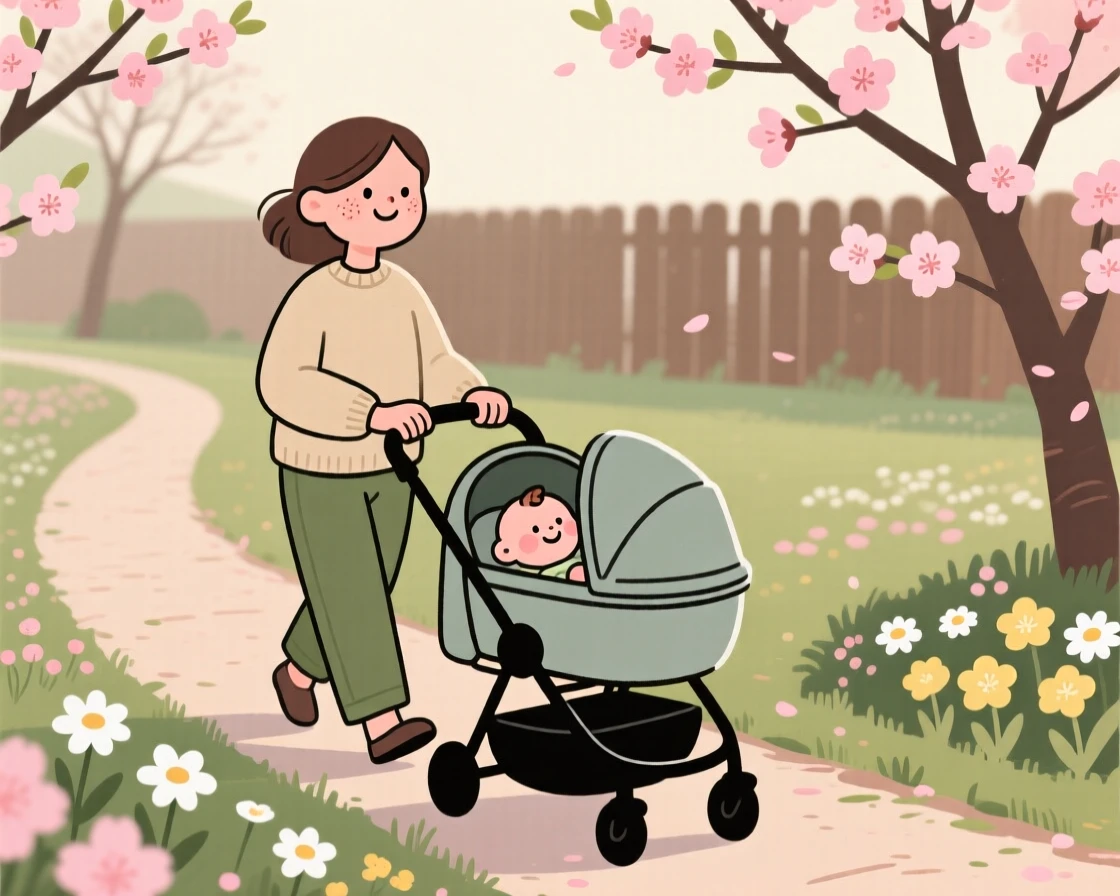 The first blossoms of spring open along a garden path as a young mother pushing a stroller walks slowly by, pausing to admire the color in the mild morning air.