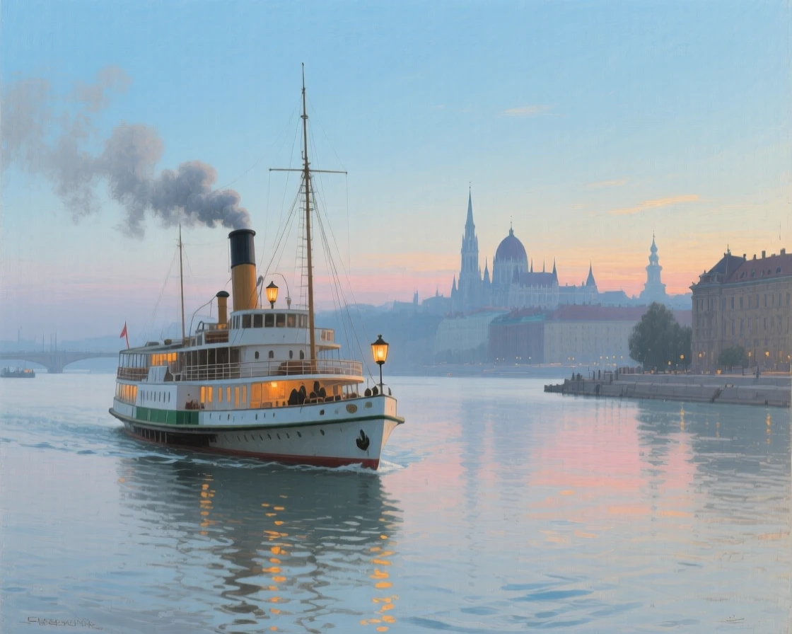 A medium shot of a steam ferry crossing a wide harbor at dawn, in old Vienna, at twilight, under a clear blue sky.