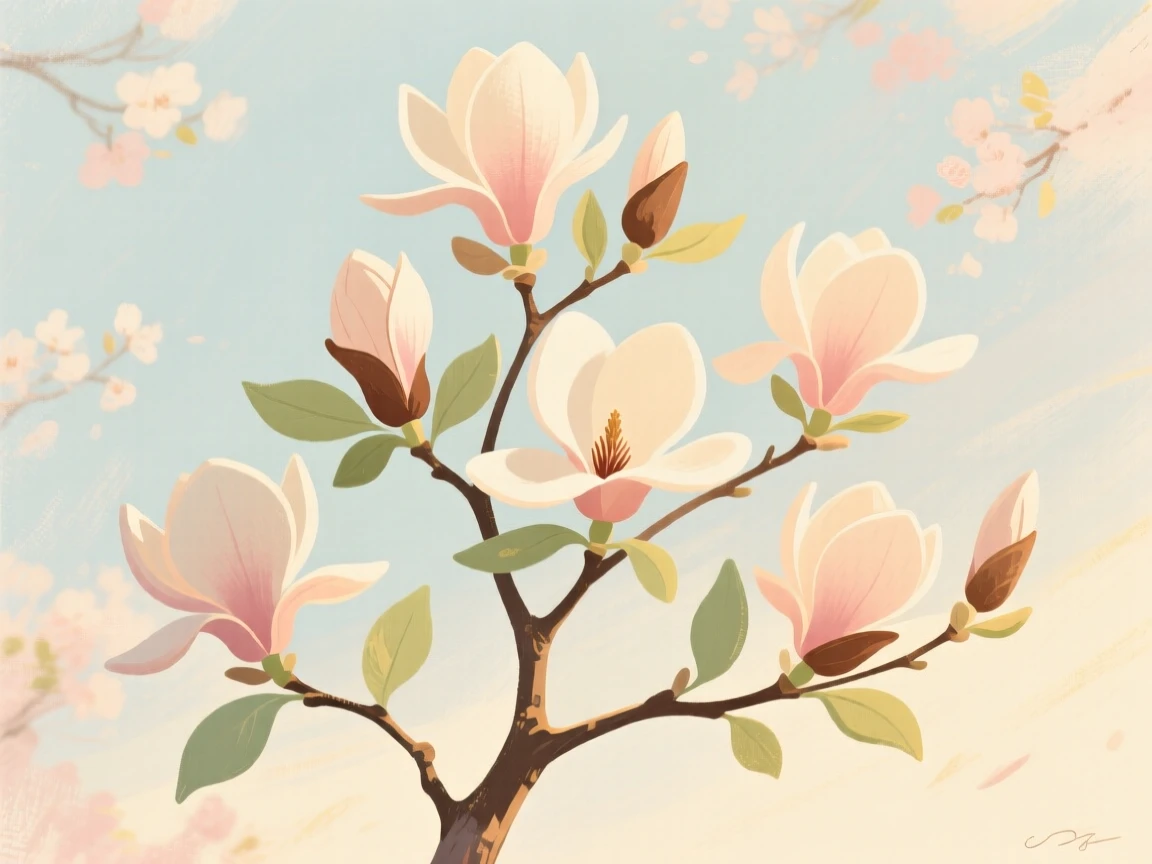 A magnolia tree in full bloom against a pale spring sky
