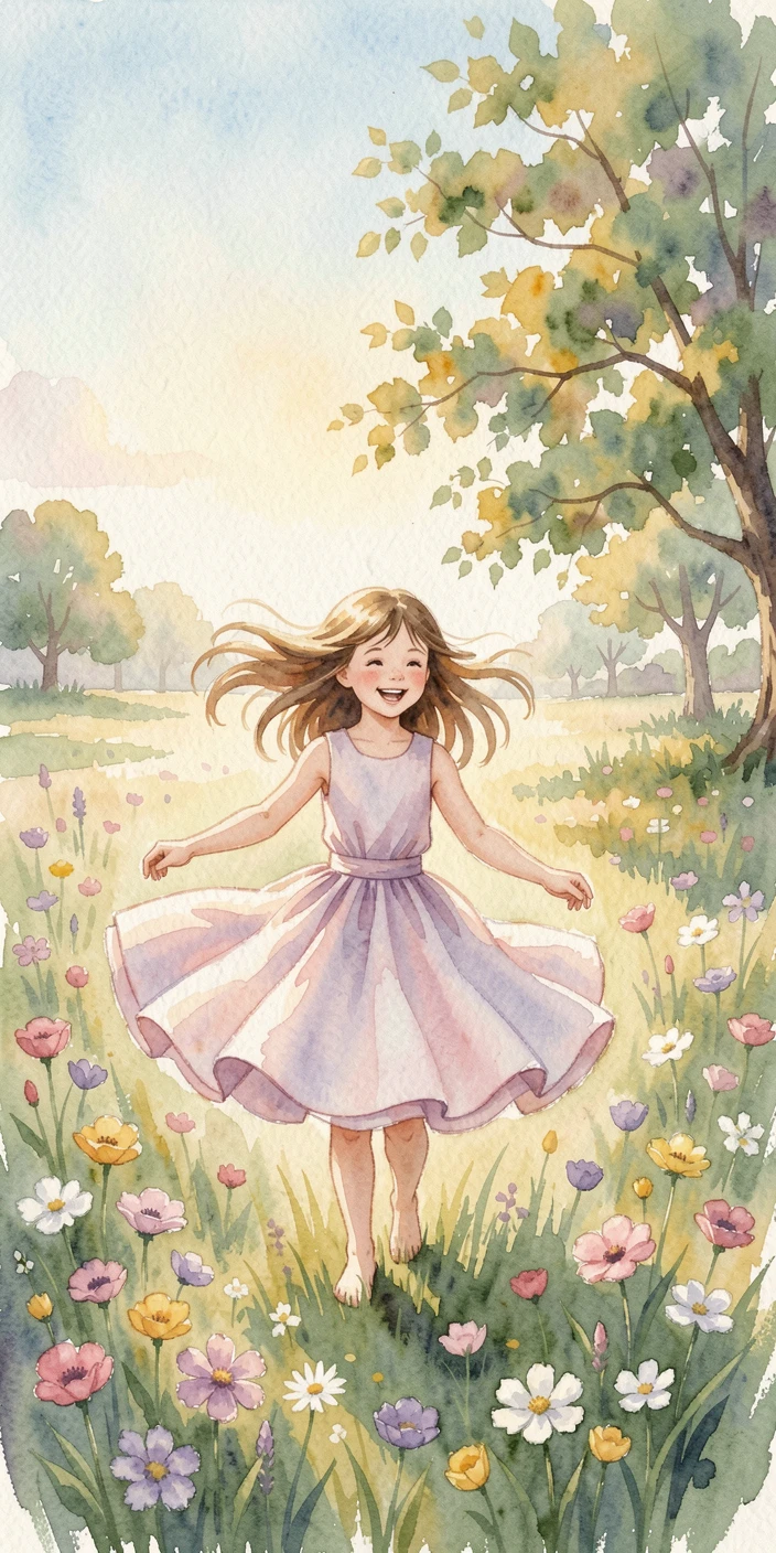 A little girl twirling in a flower field with a gentle breeze rustling nearby trees.