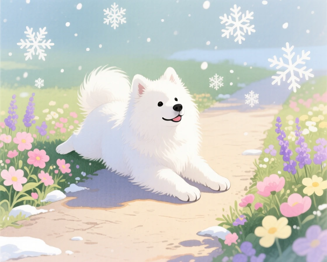 A Samoyed puppy stretches in a patch of sunlight in a blooming garden path, with snowflakes drifting softly down