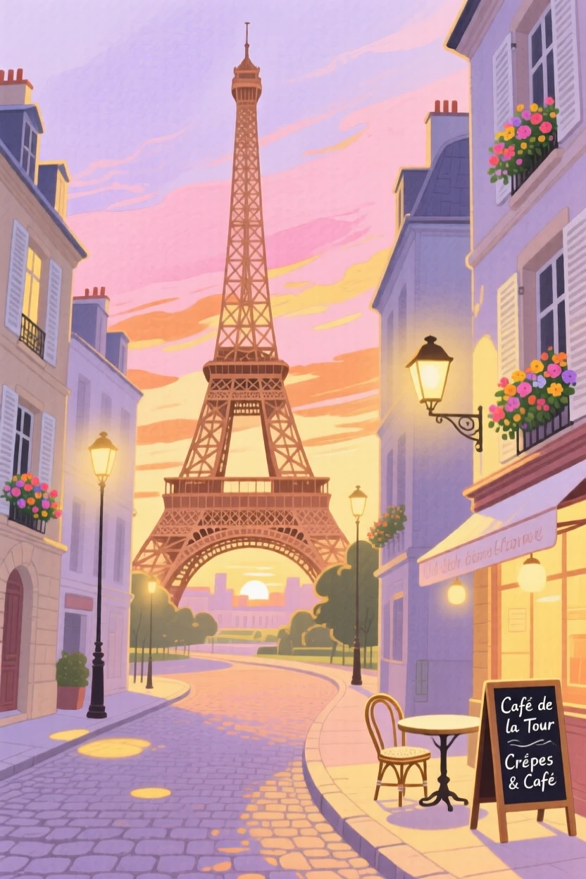 A stunning view of the Eiffel Tower rising above a Parisian street at sunset.