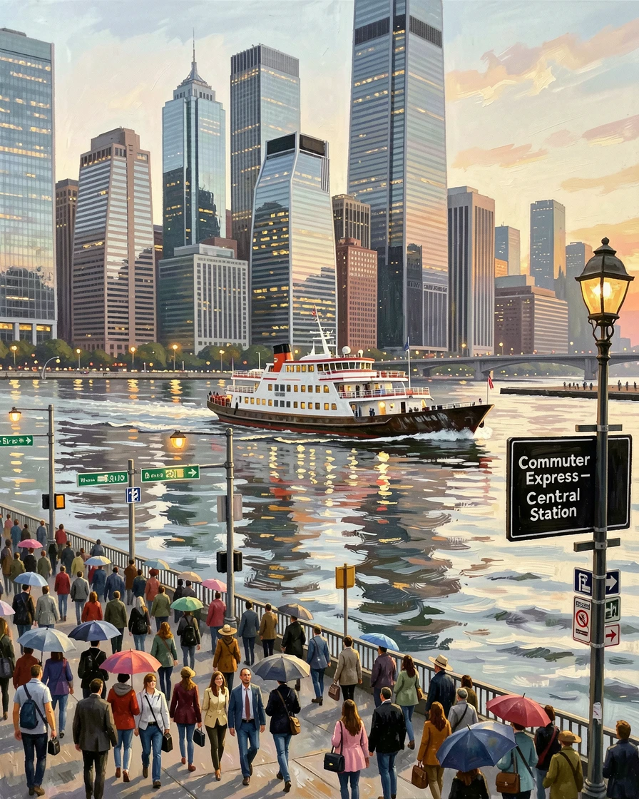 Beside a wide river reflecting the city lights, a glittering skyline of glass skyscrapers, a ferry gliding slowly across the harbor at dusk, on a busy weekday morning with commuters filling the streets.