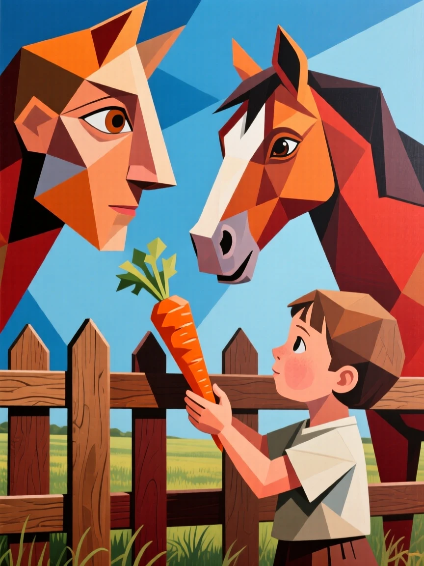 A heartwarming scene of a child offering a carrot to a curious pony over a wooden fence.