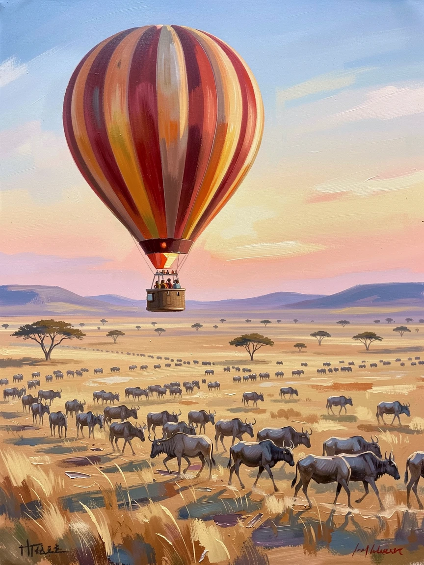 A hot air balloon safari drifts low over the Serengeti at dawn, herds of wildebeest visible migrating across the golden plains below, distant terrain stretching toward the horizon, suggesting the journey is far from over.