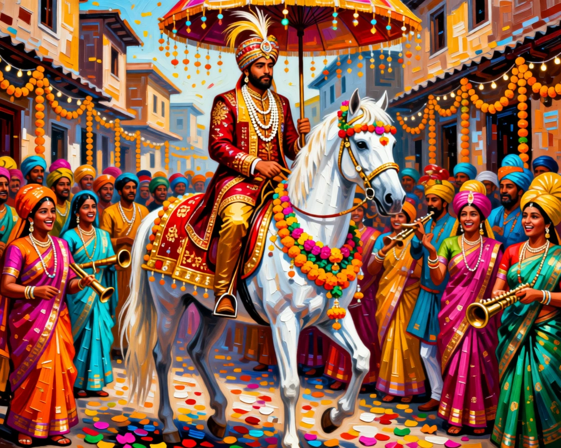 A traditional Indian wedding procession with a groom arriving on a decorated white horse