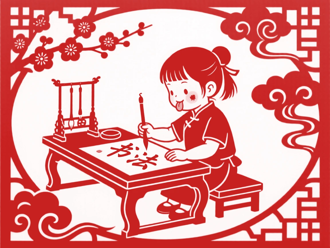 A little girl practicing calligraphy at a low desk, tongue poked out in concentration, ink smudged on her cheek