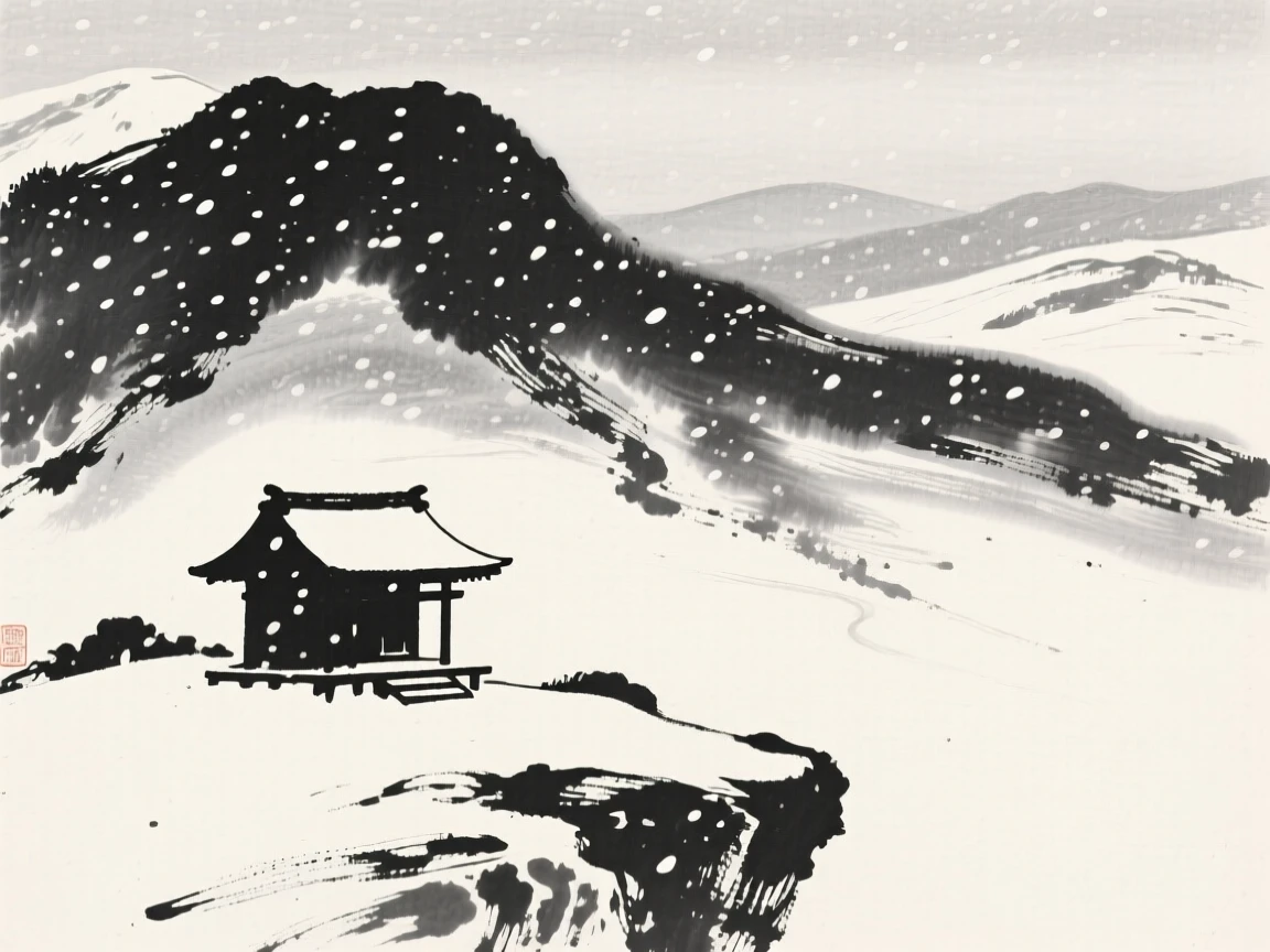 A secluded mountain shrine beneath a canopy of falling snow, captured from a distance, small against a vast landscape, capturing a serene blend of nature and human presence.