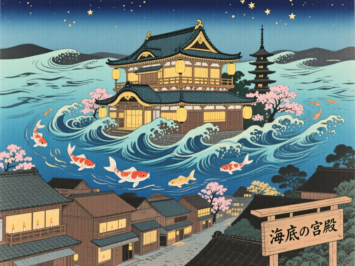 An underwater palace glowing beneath the waves, soaring above a sleeping city.