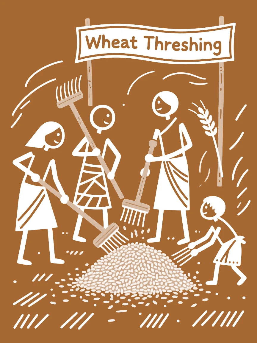 A family threshing wheat by hand separating grain from chaff in the afternoon breeze.