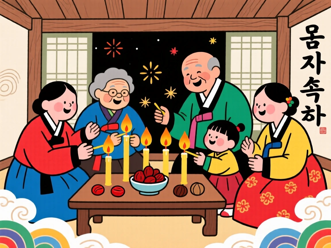 A family lighting candles together during a winter solstice celebration.