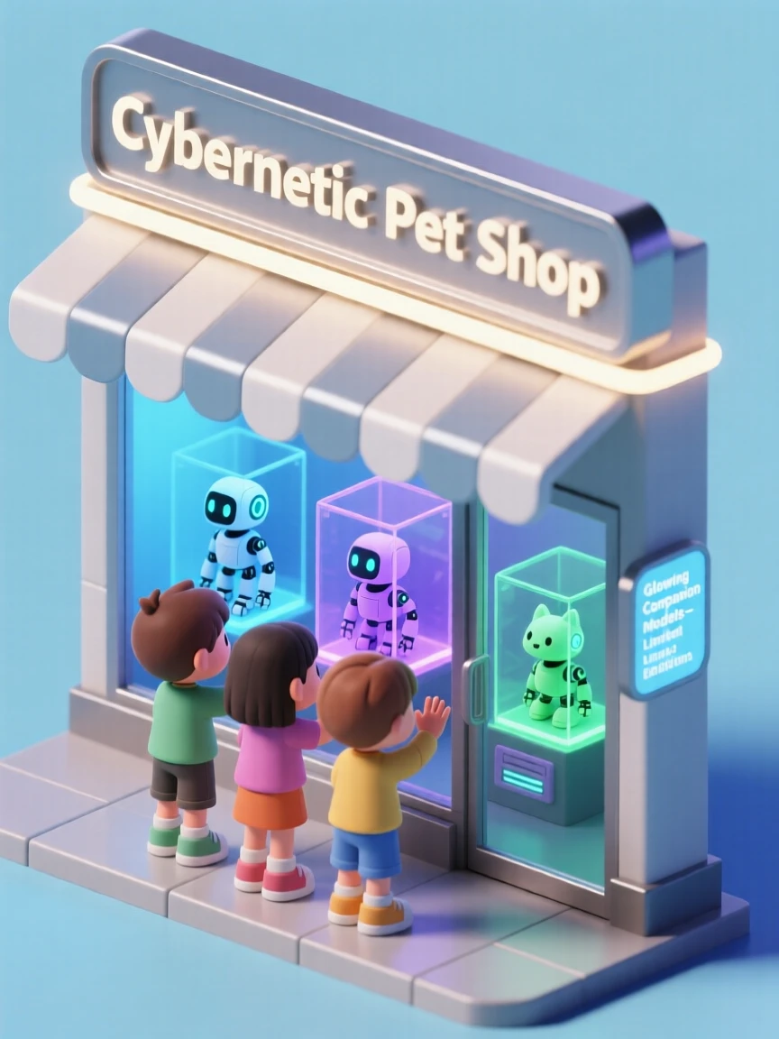 A cybernetic pet shop with robotic animals in glowing display cases, children pressing against the window in wonder.