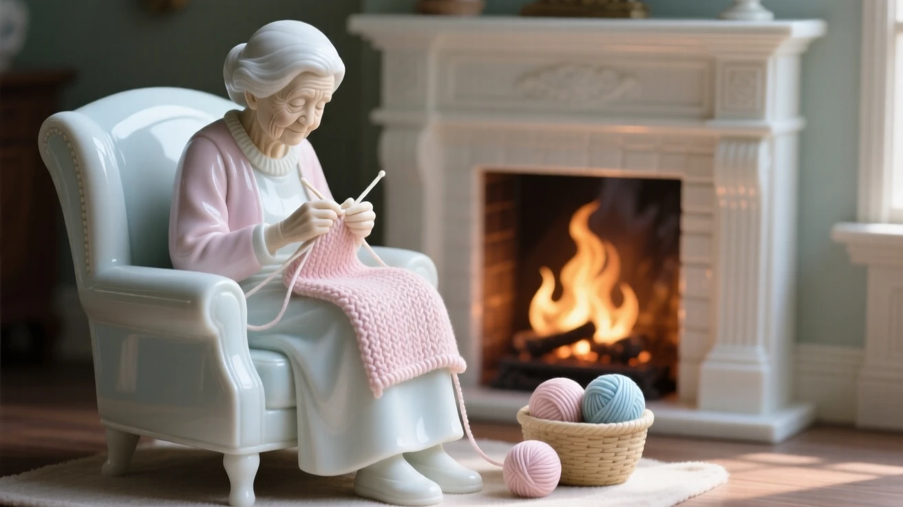 An everyday moment of quiet beauty: a grandmother knitting by a warm fire, captured in soft natural light.