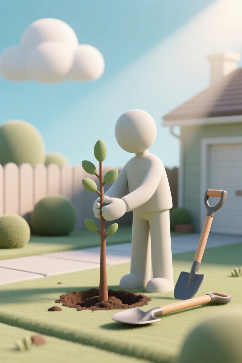 A proud homeowner plants a small tree in the front yard, shovel resting nearby as sunlight breaks through clouds.