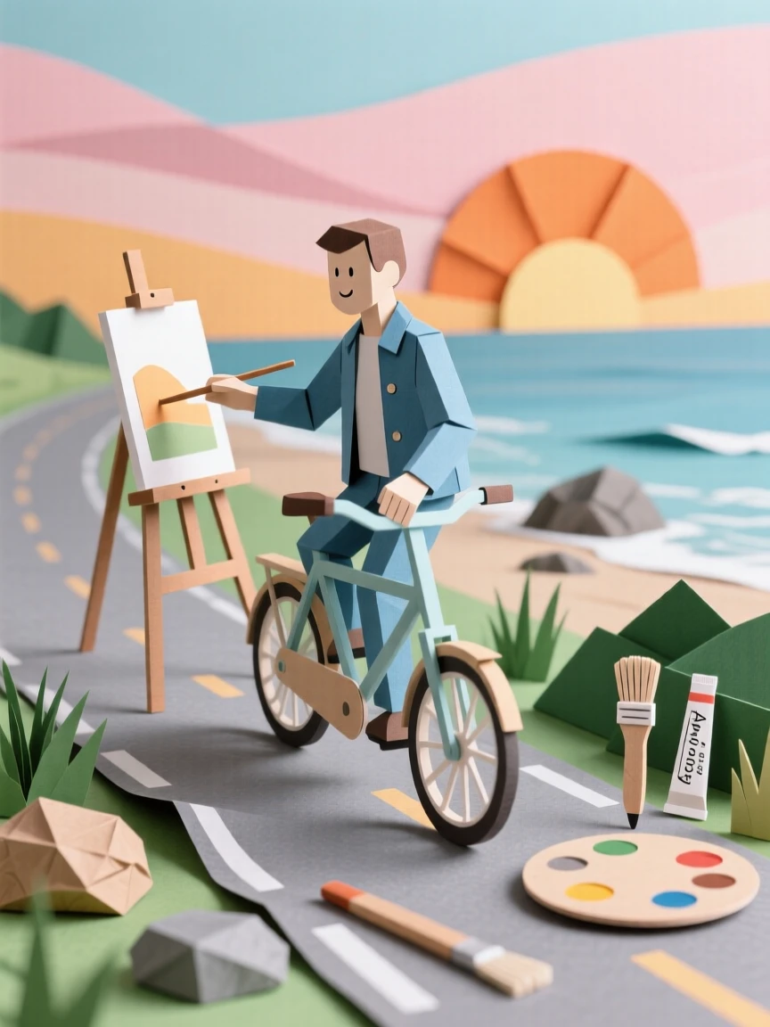 A dedicated painter riding along a coastal road at sunrise, with tools and materials scattered nearby, capturing the satisfaction of skilled hands at work.